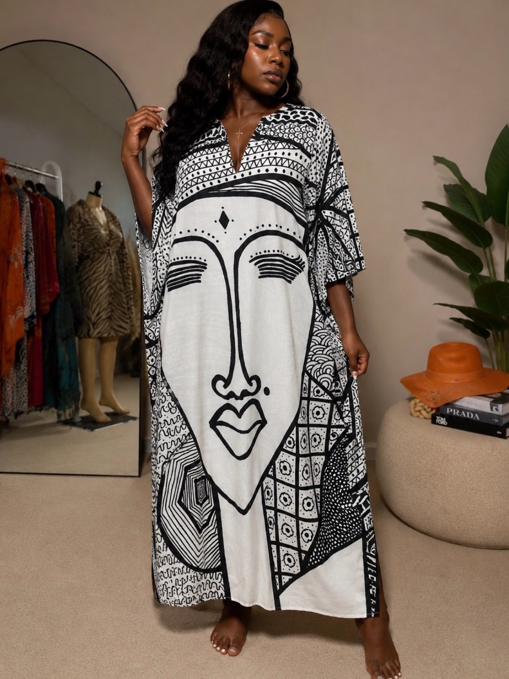 Black & White Graphic Face Kaftan Dress